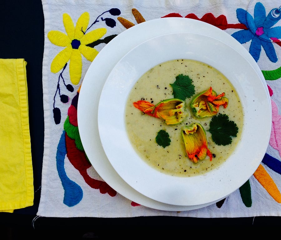 Summer sorrel and squash blossom soup. See "My profille" regarding my cooking and sharing gourmet meals with my tenants.