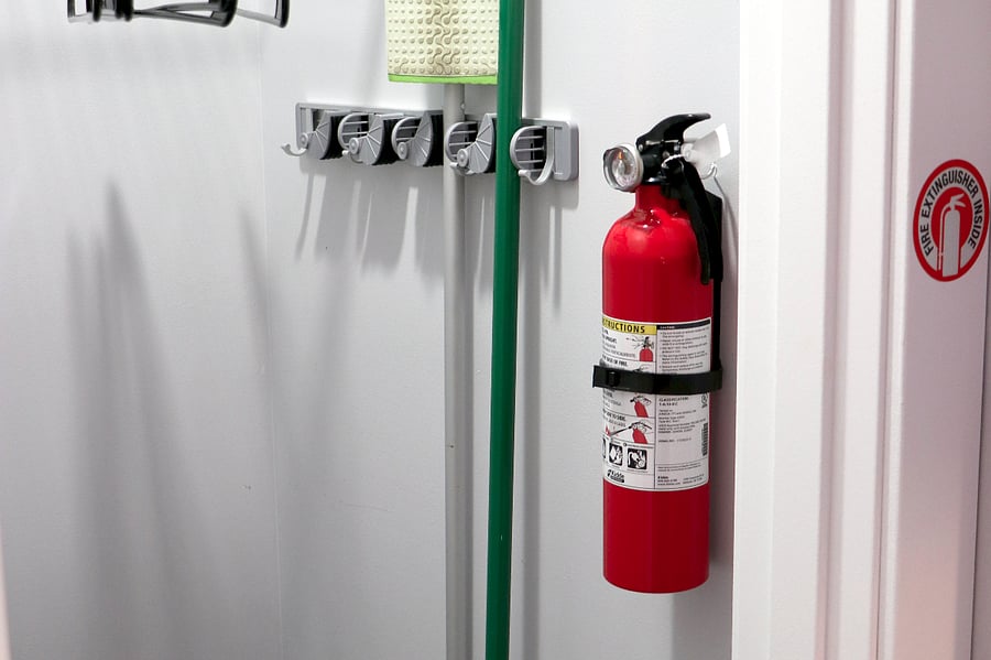 Entry closet is supplied with emergency accessories such as fire extinguisher, first aid kit and basic cleaning gear