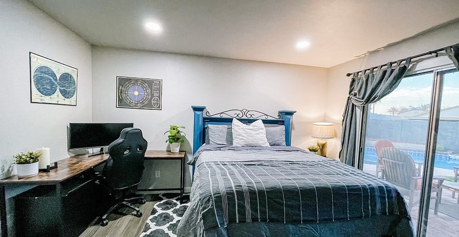 Master Bedroom comes with a smart 50" TV with view of outside pool.  Fully furnished queen bed-set and bedroom. 