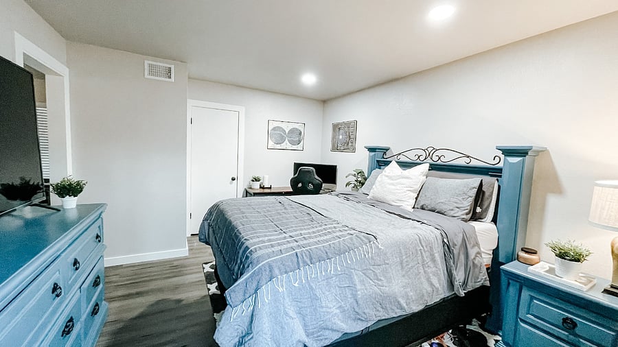 Master Bedroom comes with a smart 50" TV with view of outside pool.  Fully furnished queen bed-set and bedroom. 