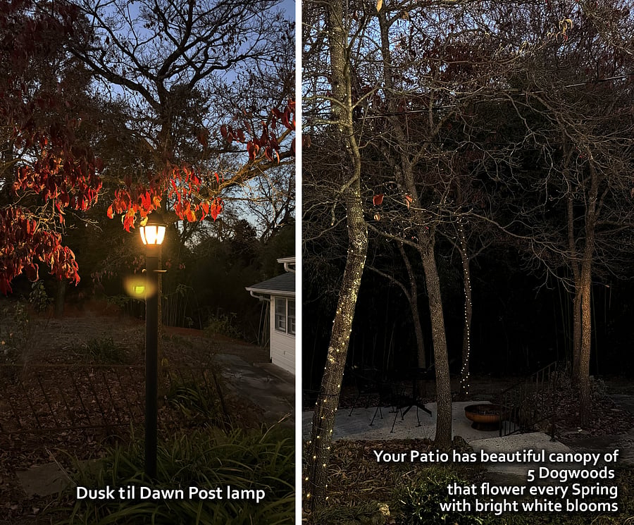 Entire home has 6 exterior lights. The including multiple motion sensor lights. The garden has this bright lamp post. Carport has motion sensor. Trees have fairy lights.