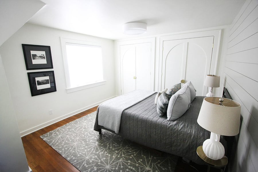 This bedroom features a large double closet with a fan, extra blanket and plenty of room for your belongings.
