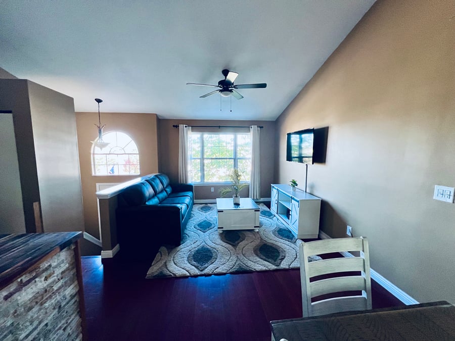 Beautiful clean well maintained space with additional storage in farmhouse coffee table and TV stand.
