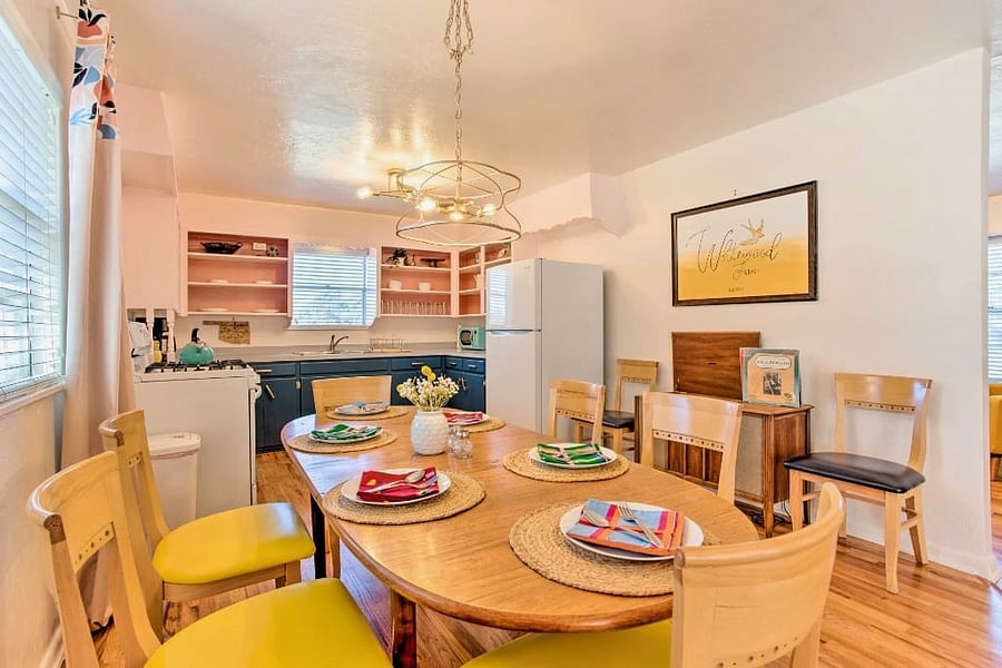 Whitewood Farm's mid-century kitchen is complete with a dining area that seats 8.