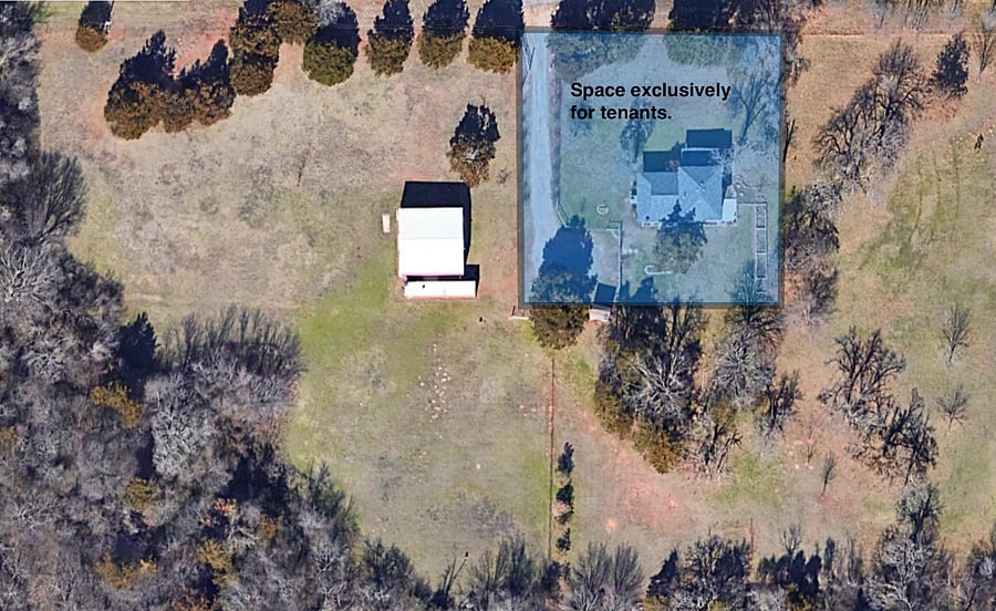 The space exclusively for tenants includes private entrance, private parking, half-acre fully fenced yard, color flower gardens, & covered porch. Guests are welcome to enjoy the garden's produce when available. (Fencing lines approximate)