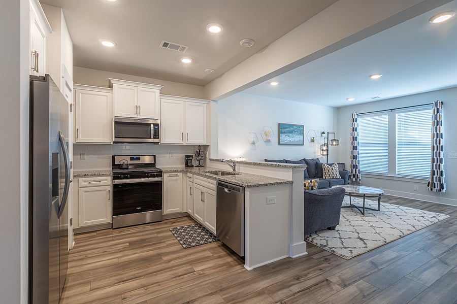 Natural light comes through the back window making the space bright.