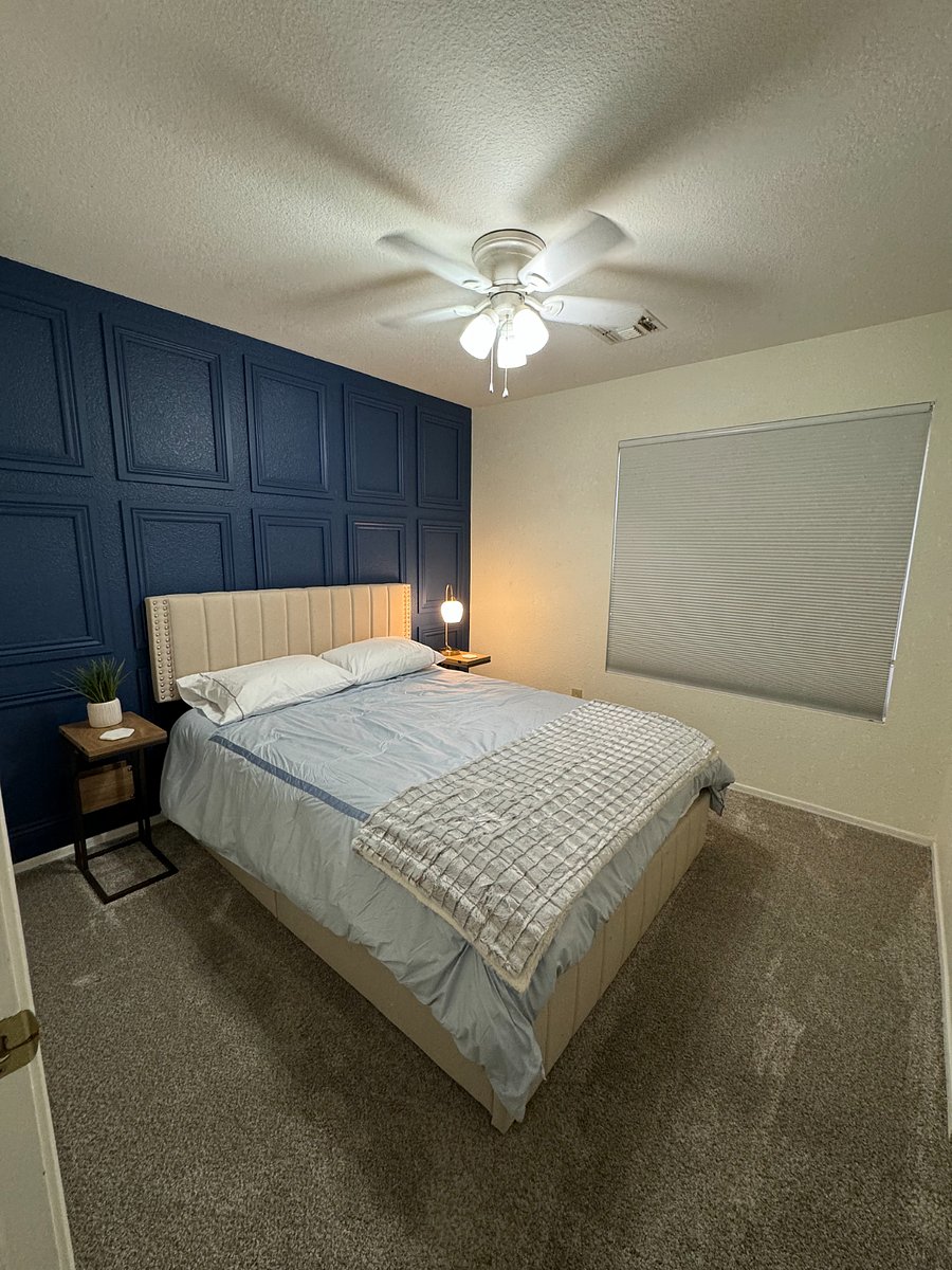 Queen size bed with storage underneath mattress. Full size closet.
