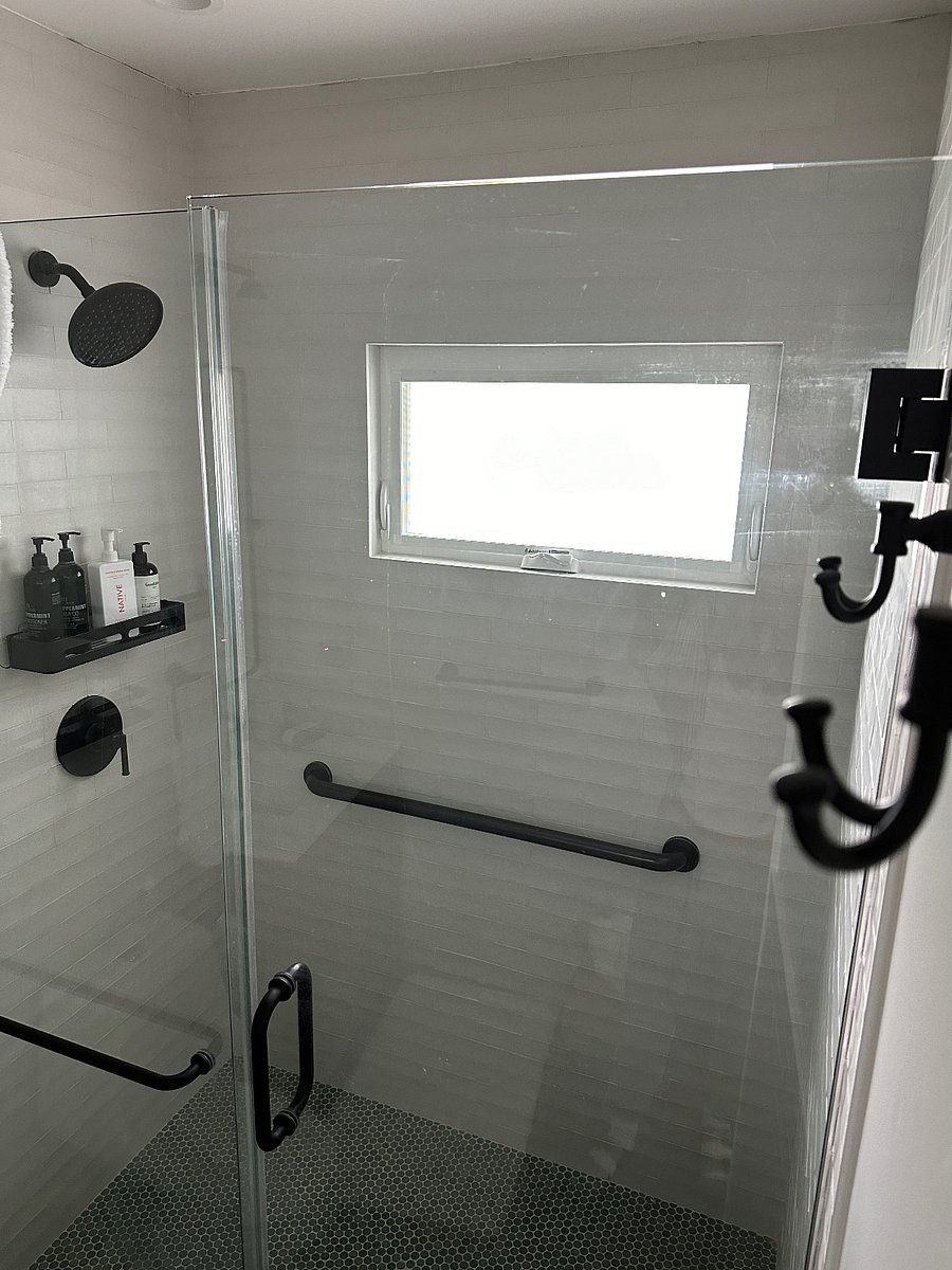 Bathroom window has privacy glass.  
