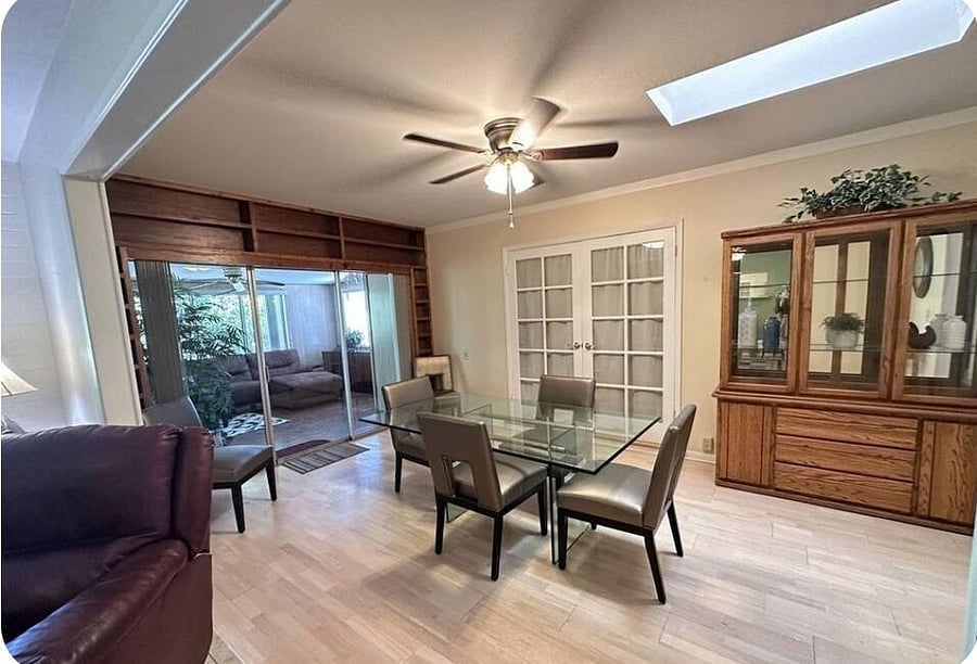 Dining room with six chairs.
