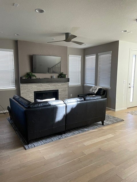 Cozy leather sofa with gas fireplace