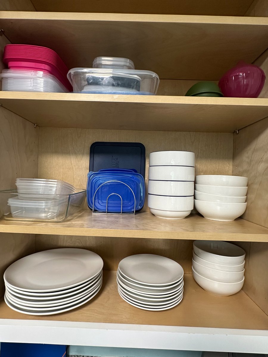 Plates, bowls place settings for 8. Food storage containers.