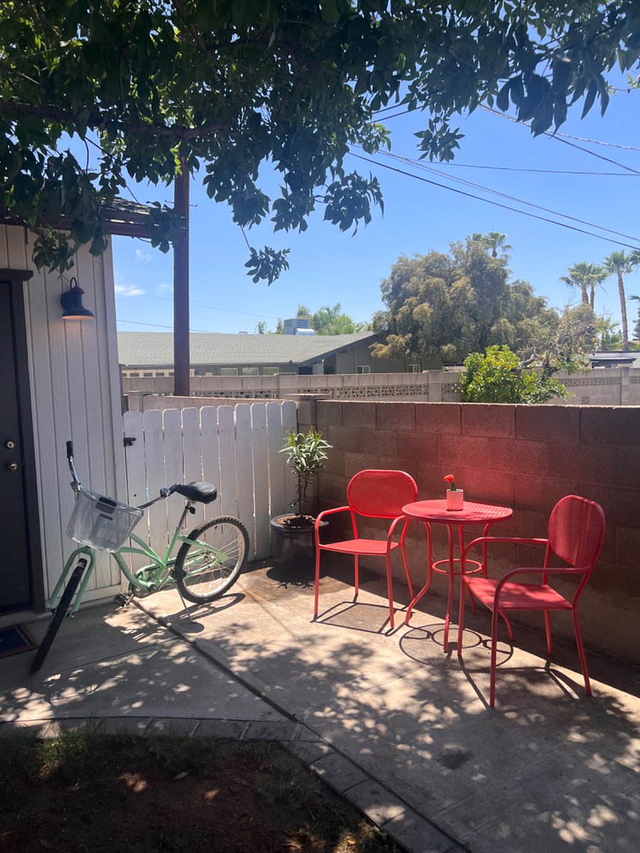 Outdoor seating area near the front door to the studio.