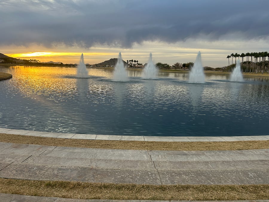 North Lake fountains at sunset