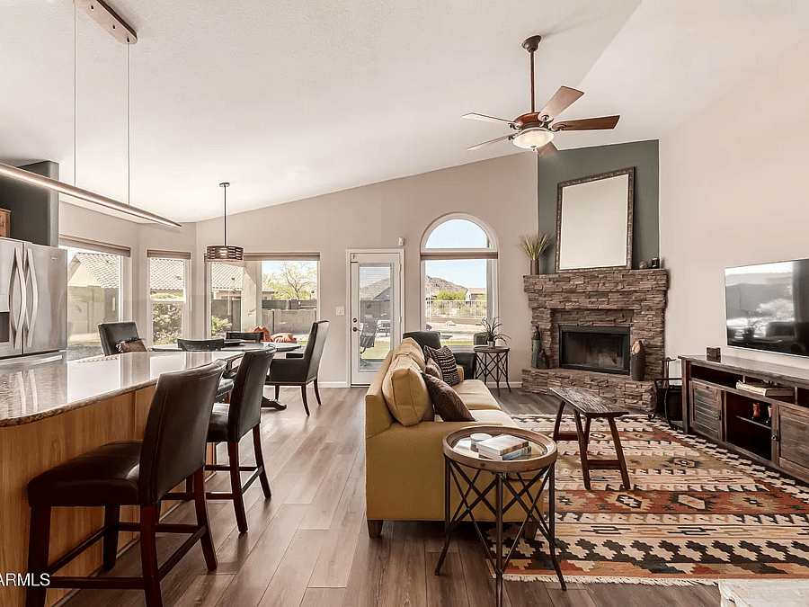 Kitchen and Family Room looking to backyard.