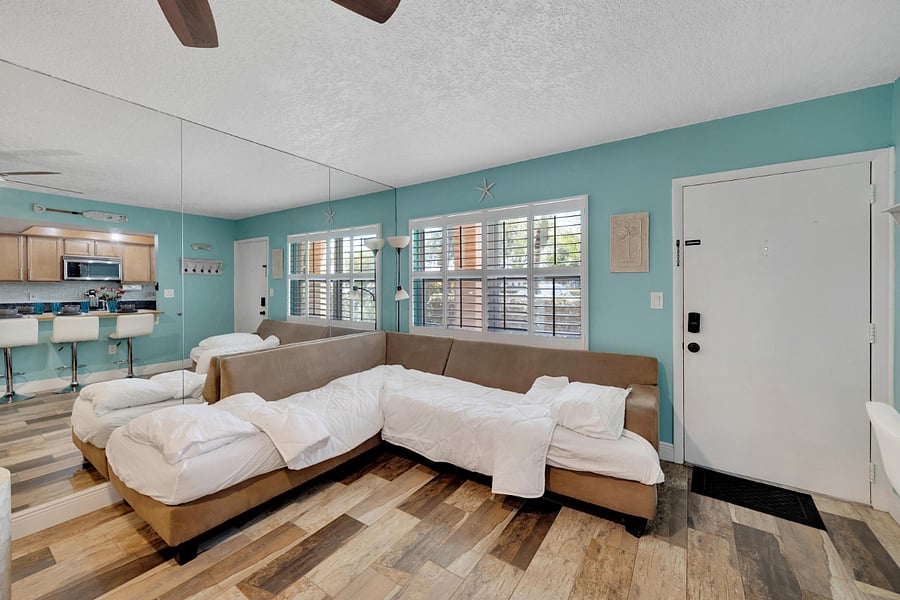 Sofa sleeps 2 adults. Pack n' Play also available. Sofa is deep-steam cleaned after every guest.