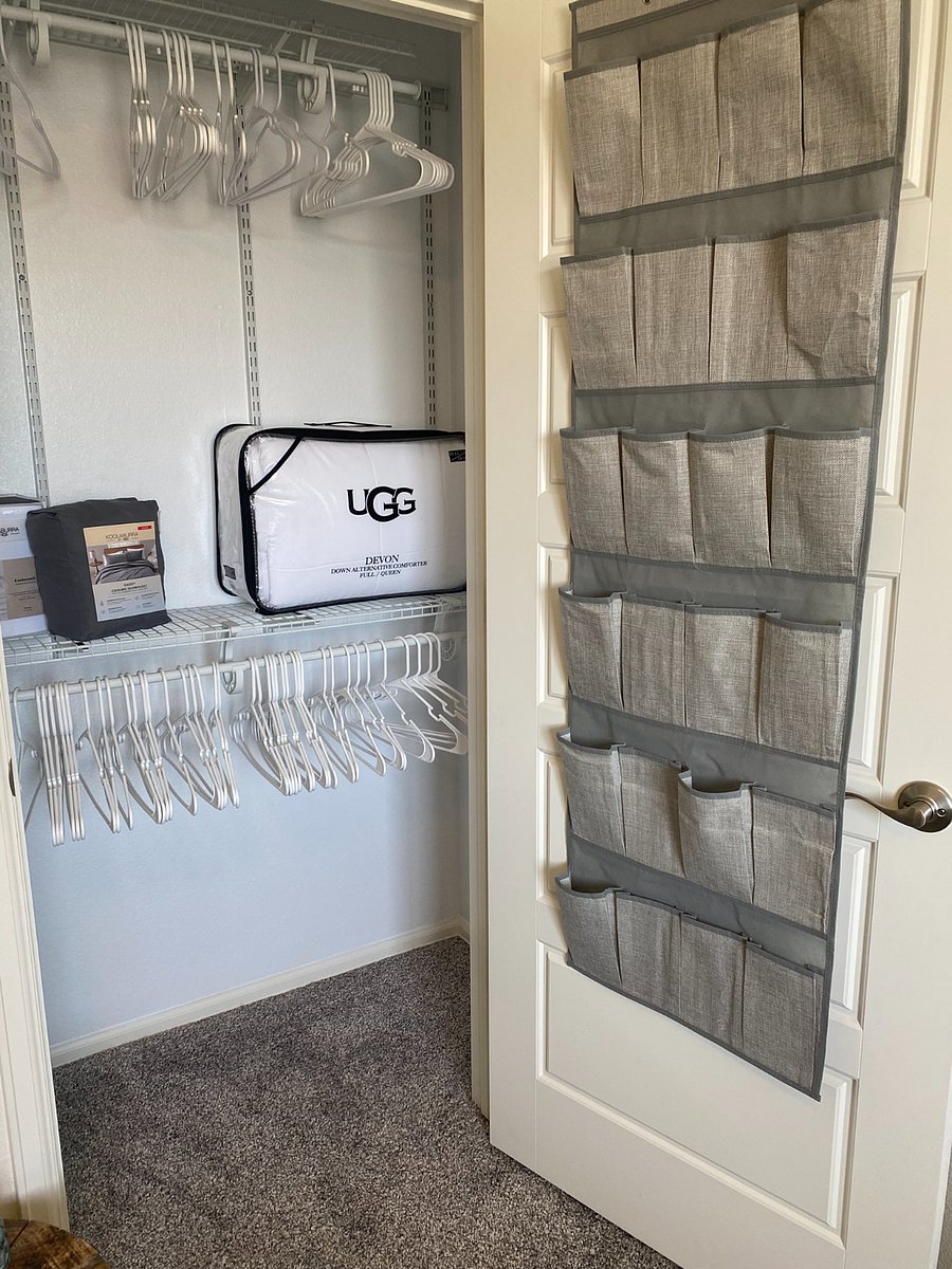 Double Row Closet with over 50 hangers, extra UGG Bedding & Shoe Organizer