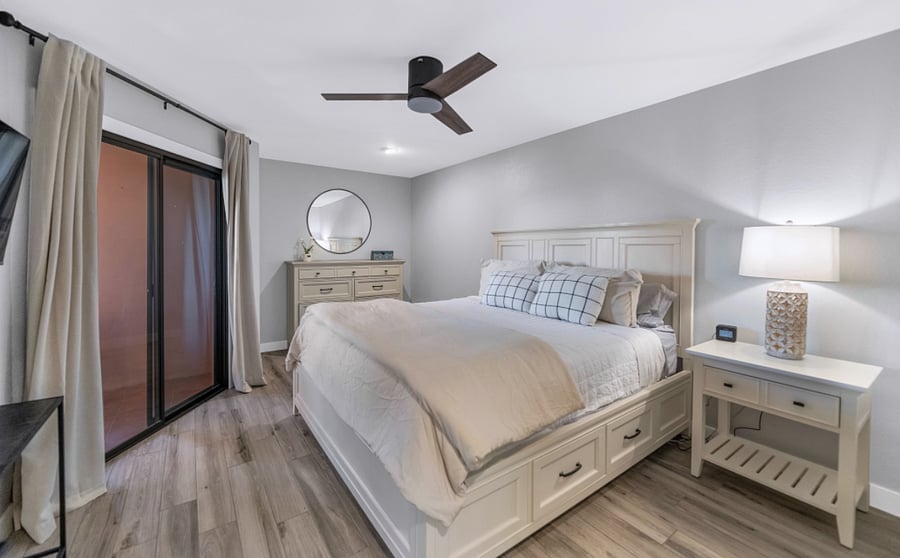 King bed w/ storage all around it. Dresser and night stand too.