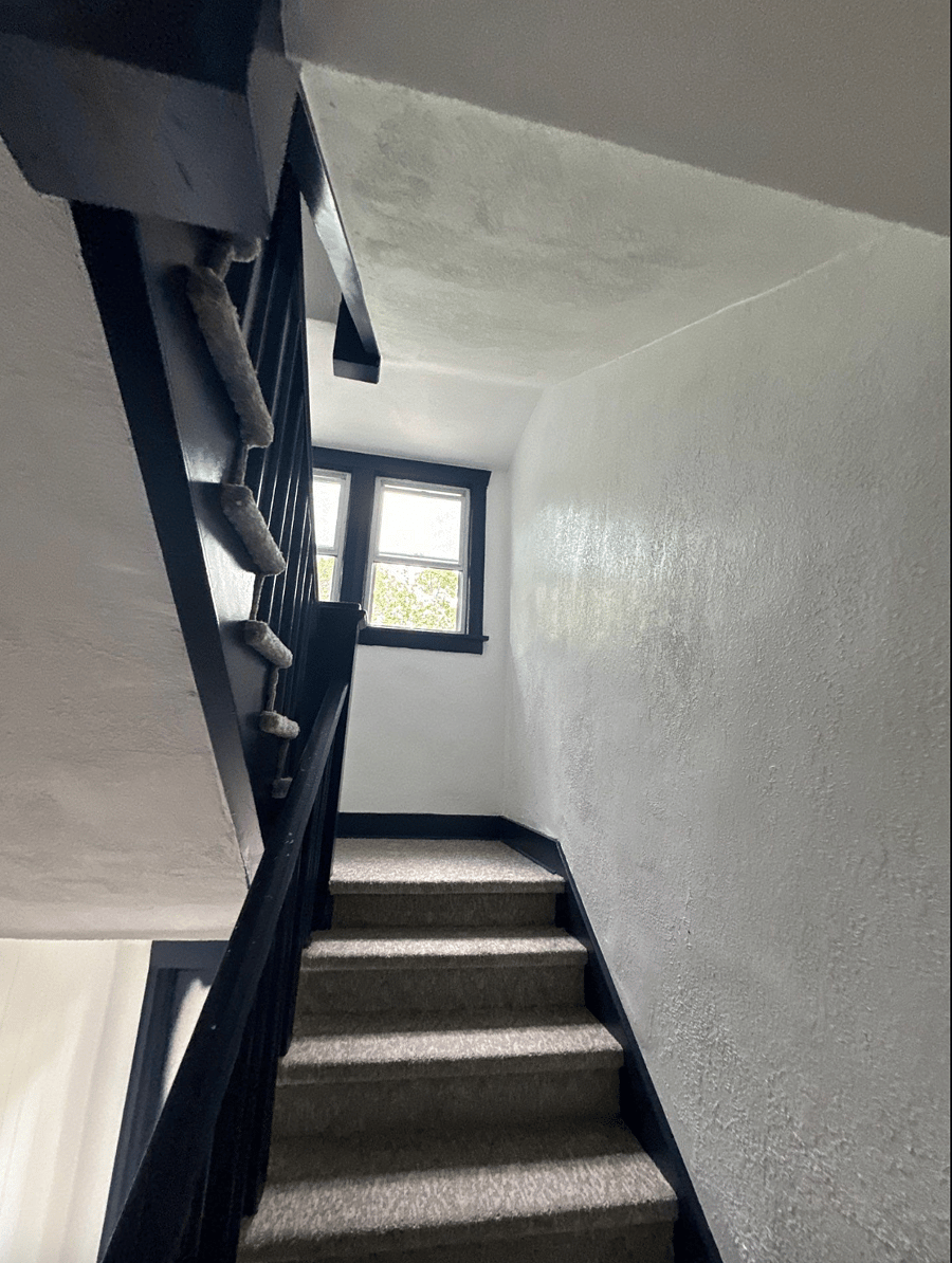 The hallway is updated with fresh paint and carpet for a grand entrance.