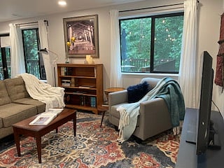 Living room with forested view
