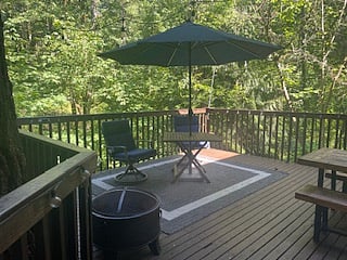 View of forest with umbrella table and lounging chairs