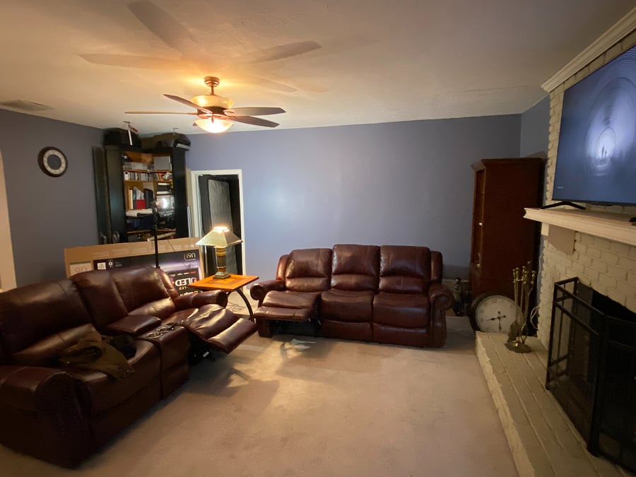 Large den with fireplace and utility room
