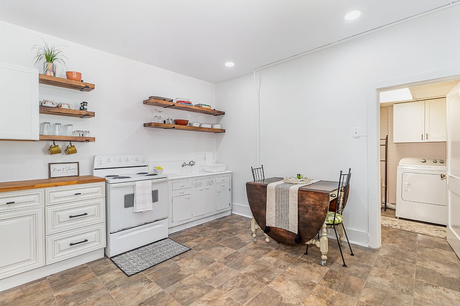 Beautiful open shelving and plenty of storage!