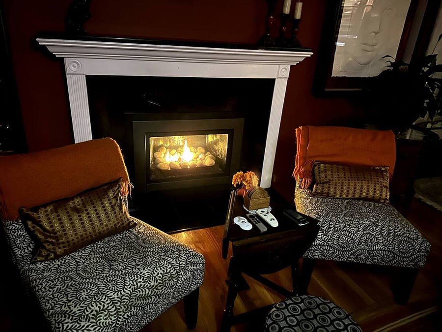 "Clean, beautiful, and peaceful setting. Cozy gas fireplace was lit."