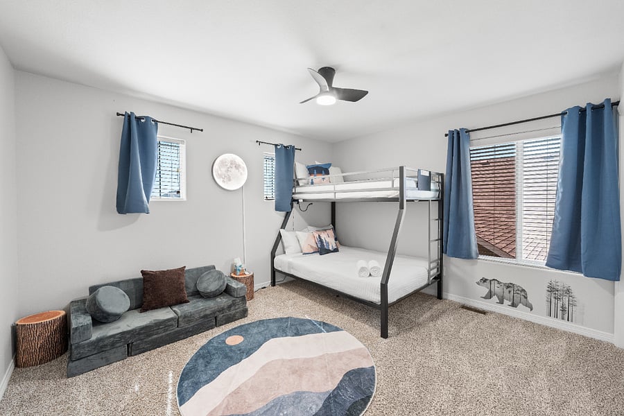 Kids and adults alike will love this room. Twin over full bunk ned. The modular sofa takes many shapes and is a lot of fun!