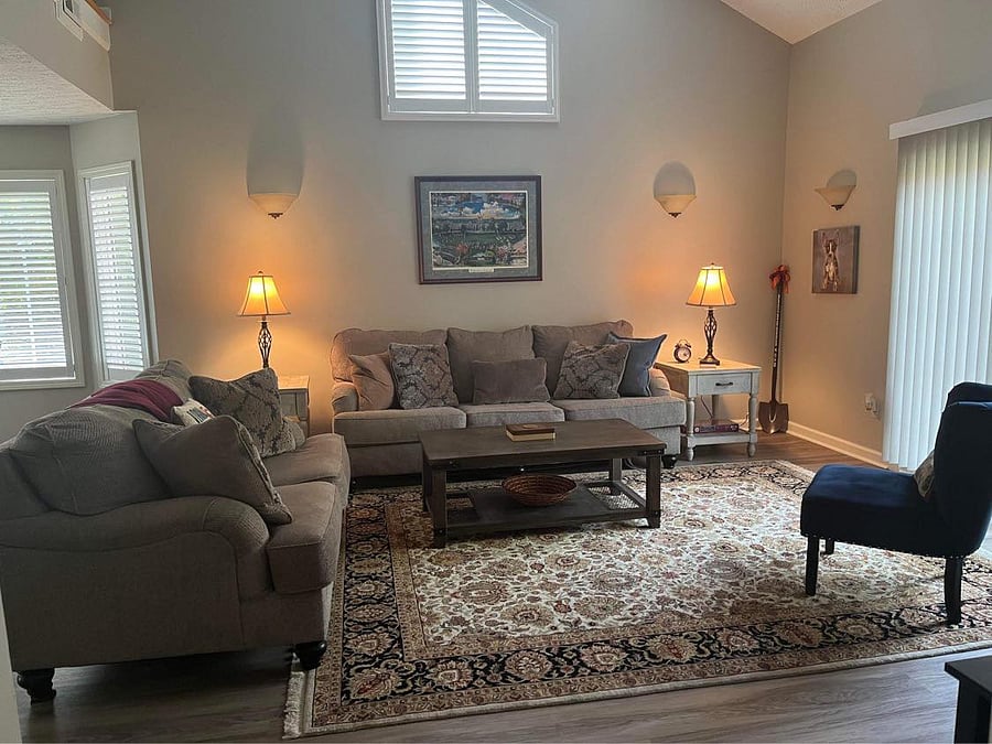 Large living room with cathedral ceiling