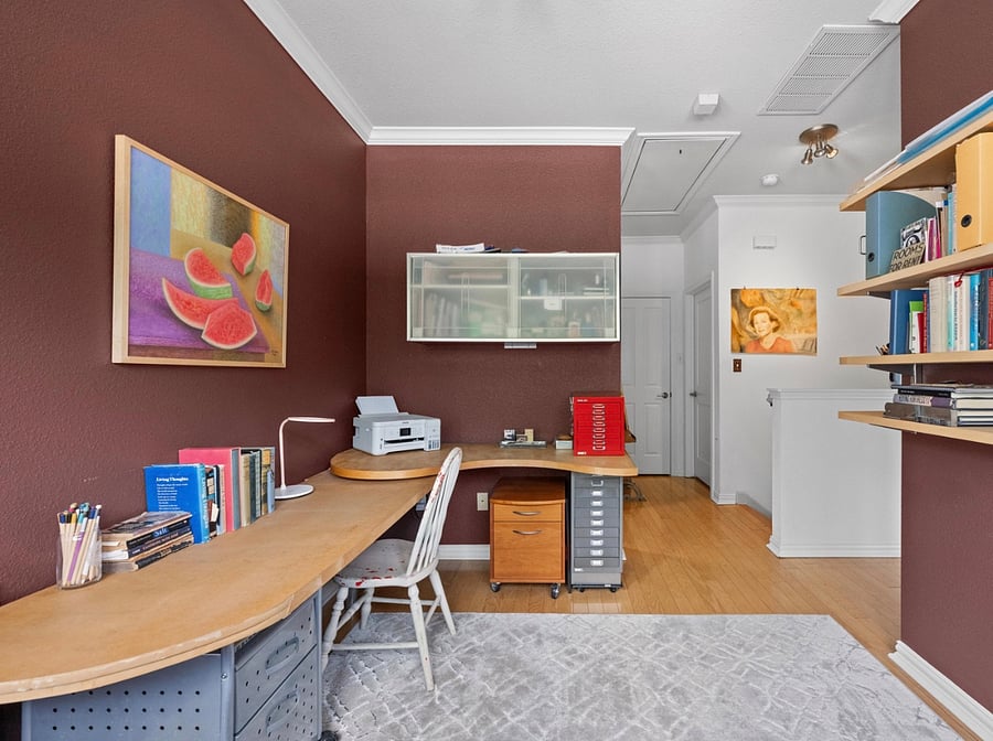 Second floor office with printer, task lighting and dedicated work space. 