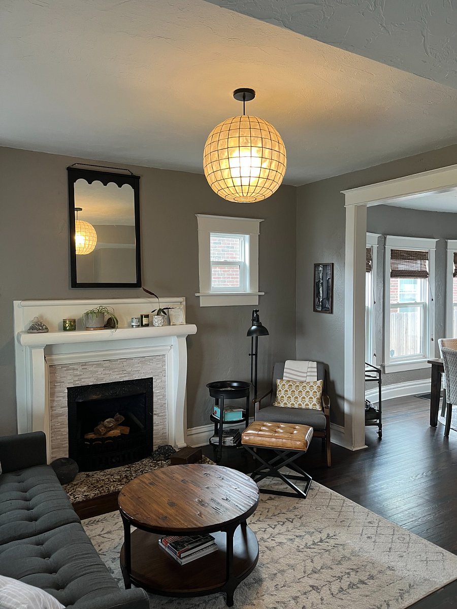 Living room looking into open dining room