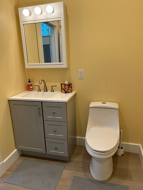 Tri-mirrored lighted medicine cabinet and vanity with hair dryer.