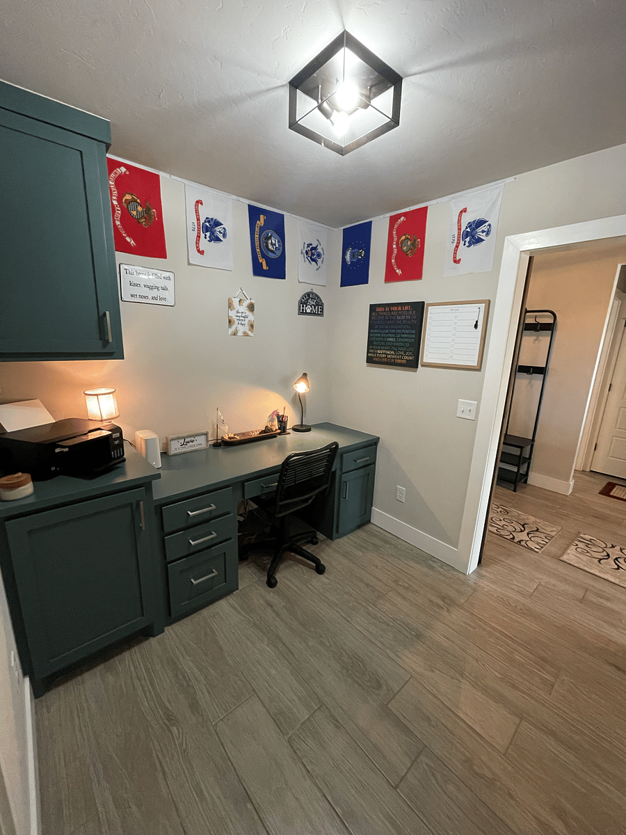 Office, built in desk with barn door.