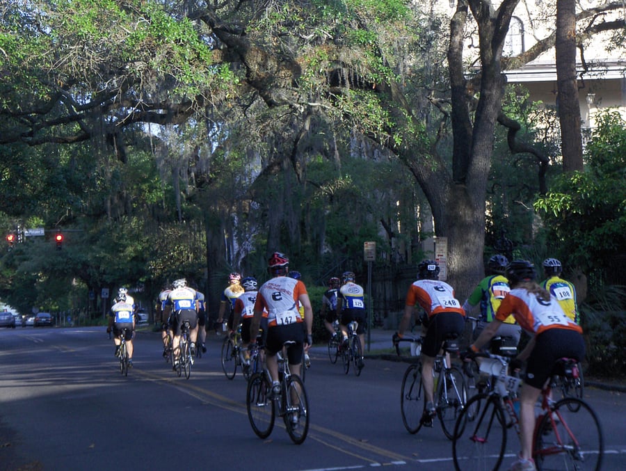 Throughout the surrounding Savannah Squares will be bikers, runners, trolleys, carriages.pedestrians, cars and the occassional horsebackriding police officer. .  