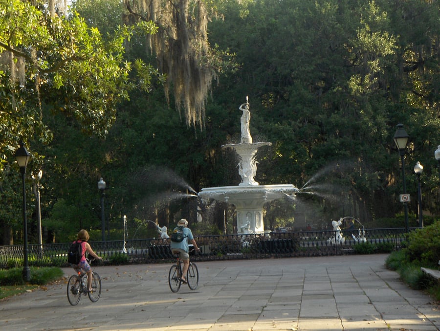 The famously photographed fountain at Forsyth Park is 5 blocks south