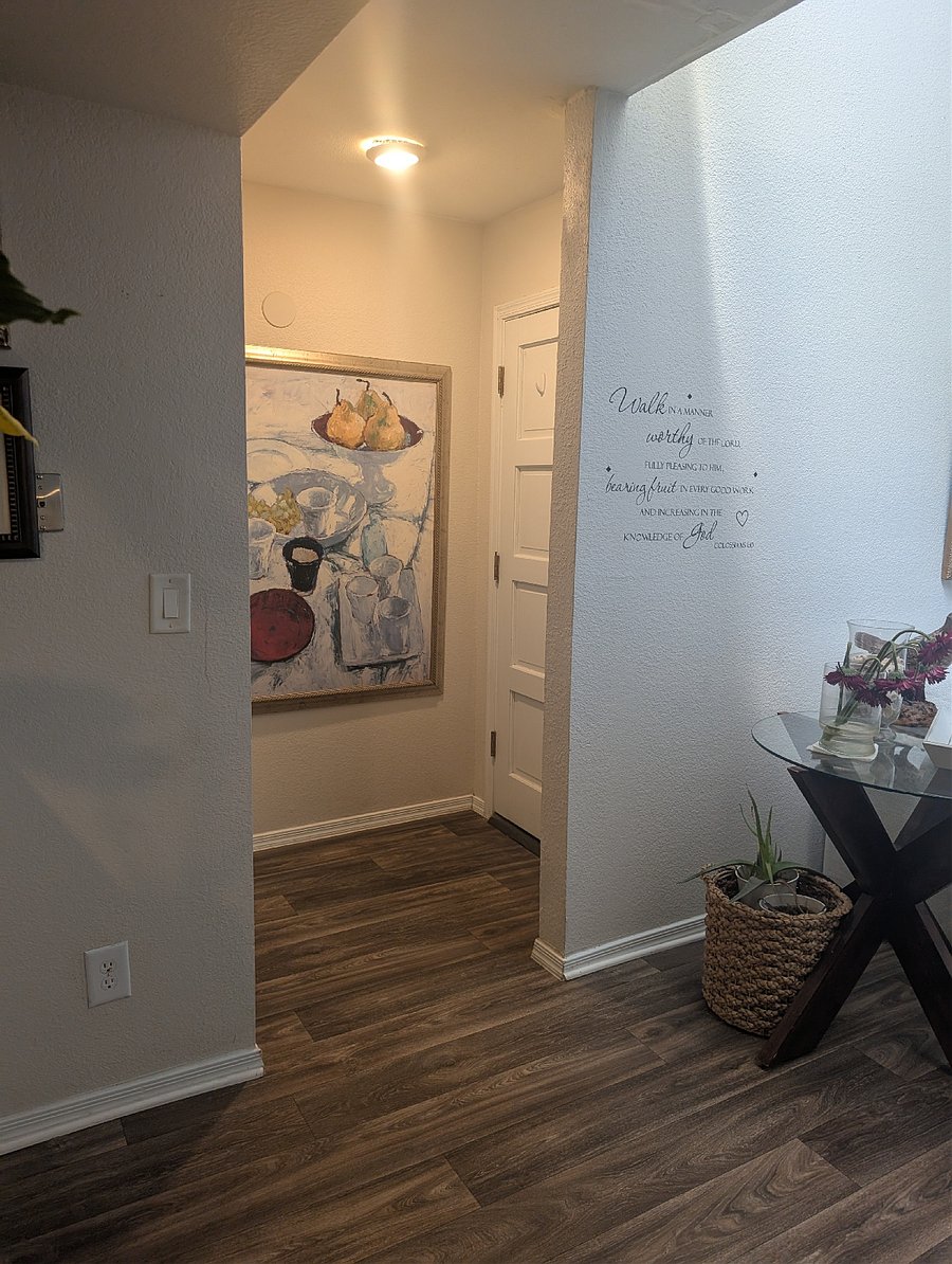 The little foyer utilizes the space effectively with an extra closet.