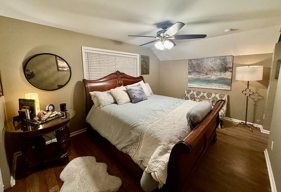 King Sized Bed with custom bedding 