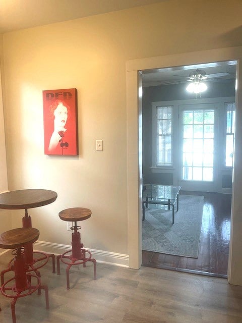 view from kitchen to front door, blinds open and close for day and night. 