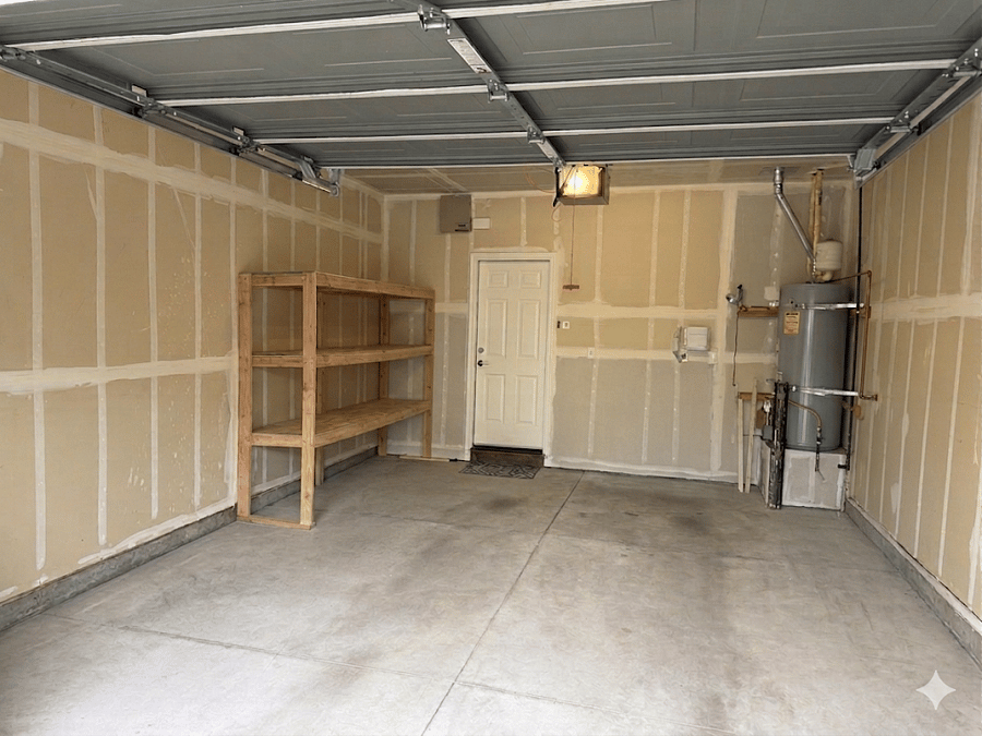 Attached 1-car garage with shelf storage