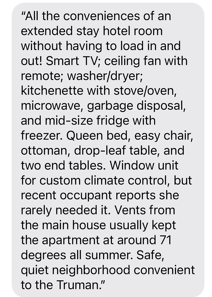 Description by previous tenant.