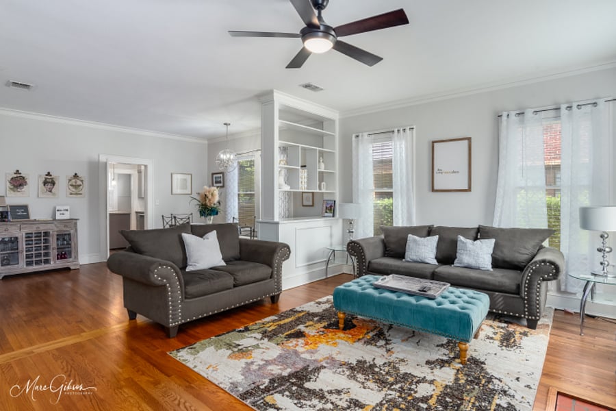 Living Room has high ceilings to make for a cozy setting.