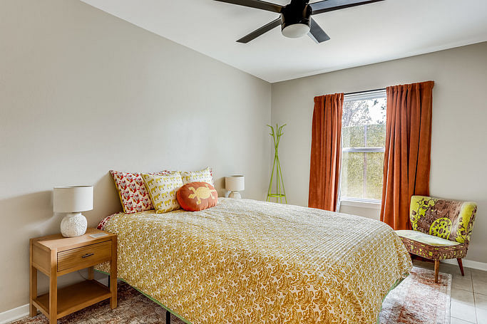 Bedroom 2 - One Queen. All bedrooms have brand new, super comfy, top-of-the-line mattresses, Casper pillows, and layers of luxurious sheets and comforters. Huge closet with a dresser inside.