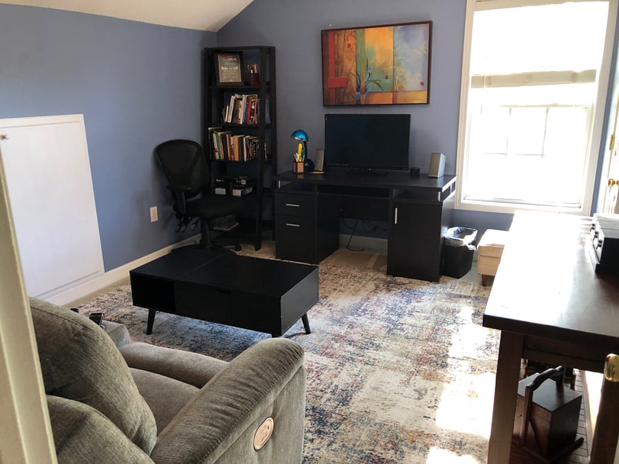Your second floor Living room with TV and desk with desk chair if you need office space. Loveseat recliner with USB ports for charging.
