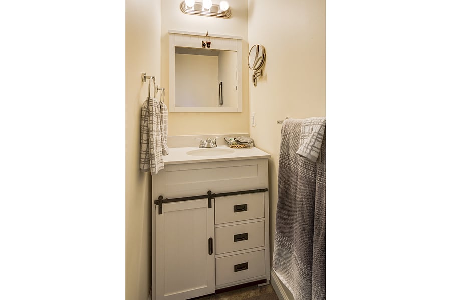 Primary bedroom ensuite bath features vanity with cabinet, walk in shower and walk in closet