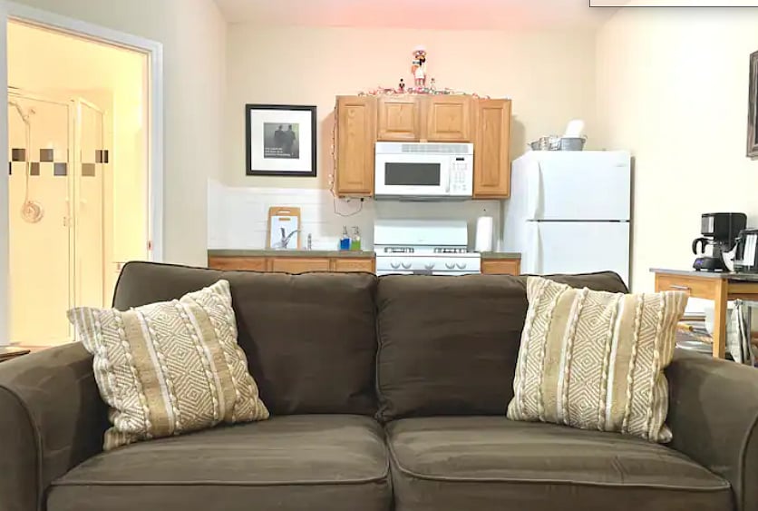 Sleeper sofa is full-size. Linens + pillows provided.