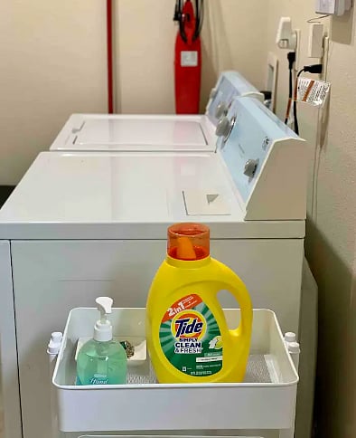 Full-size washer + dryer. Starter supplies provided.