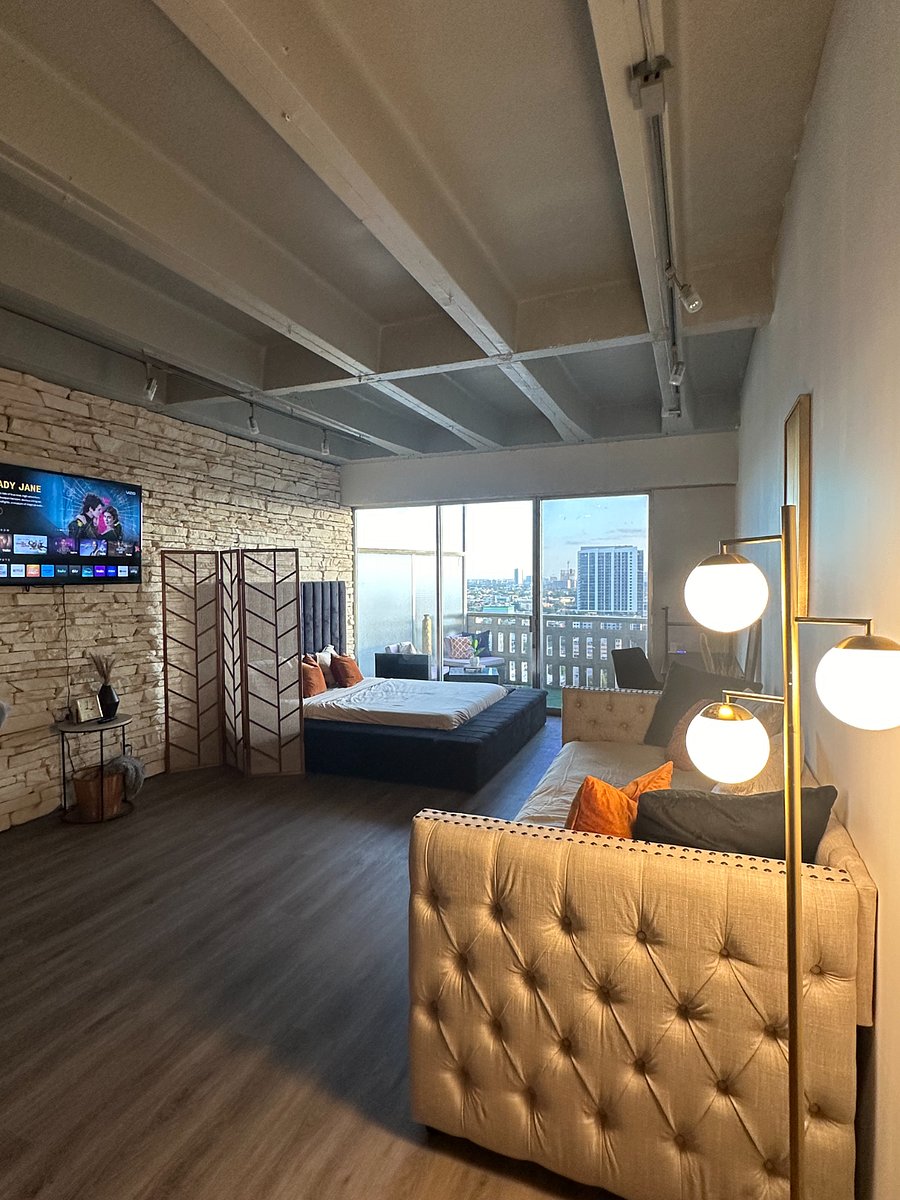 Living room with room divider.