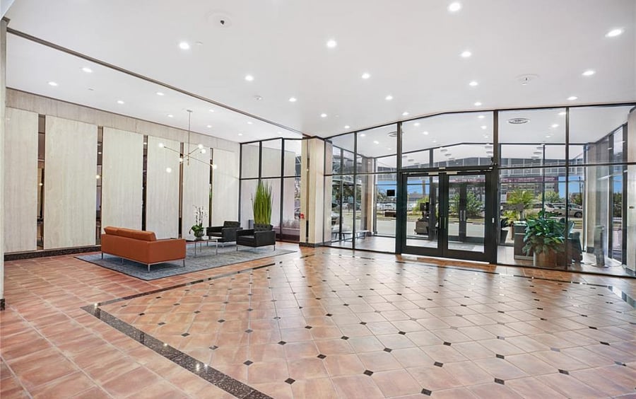 Lobby with manned entrances. 