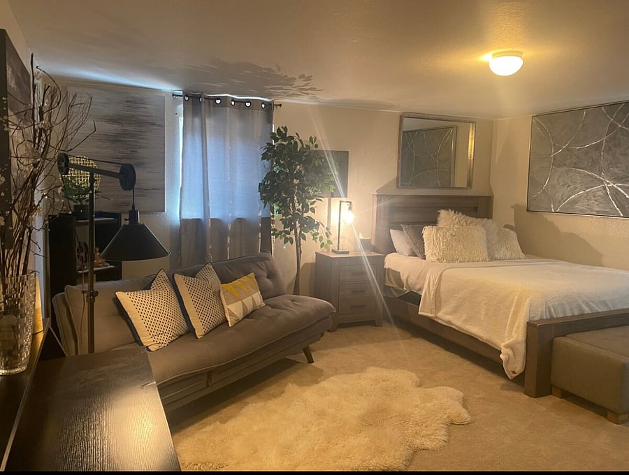 Your Large private room with queen bed and walk in closet.
Queen pull out sofa
Desk area