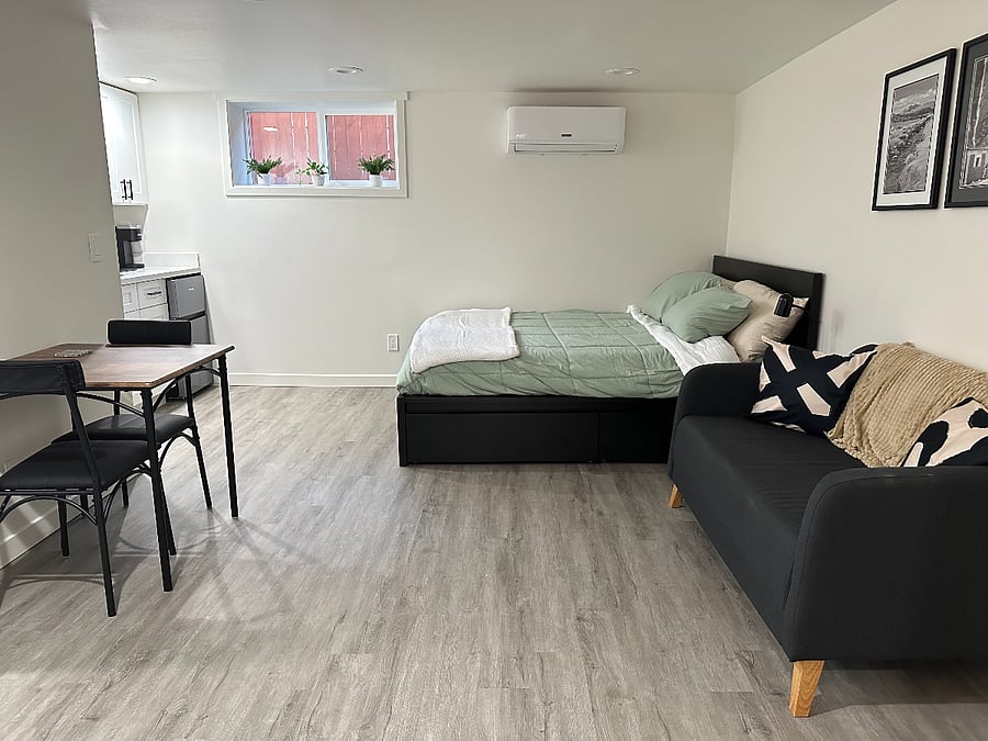 Spacious Daylight Basement Studio: Queen Size Bed, Dining Table for 2, Love seat and Kitchenette.